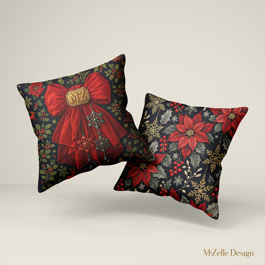deux coussins Mzelle Design, décor Noël, motif poinsettia et ruban étoile, rouge et bleu nuit