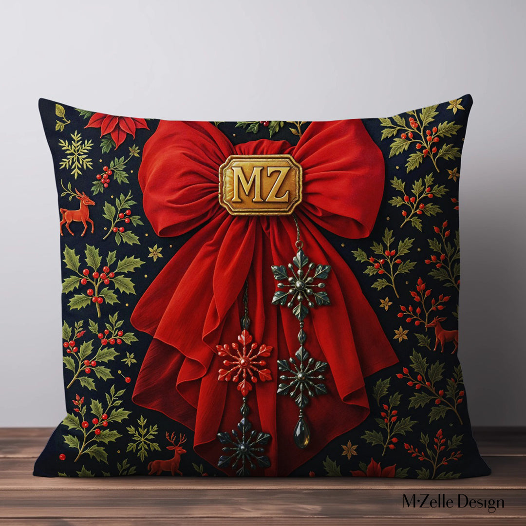 coussin Mzelle Design, décor Noël, motif poinsettia et ruban étoile, rouge et bleu nuit