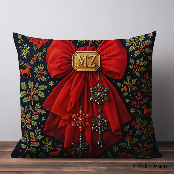 coussin Mzelle Design, décor Noël, motif poinsettia et ruban étoile, rouge et bleu nuit