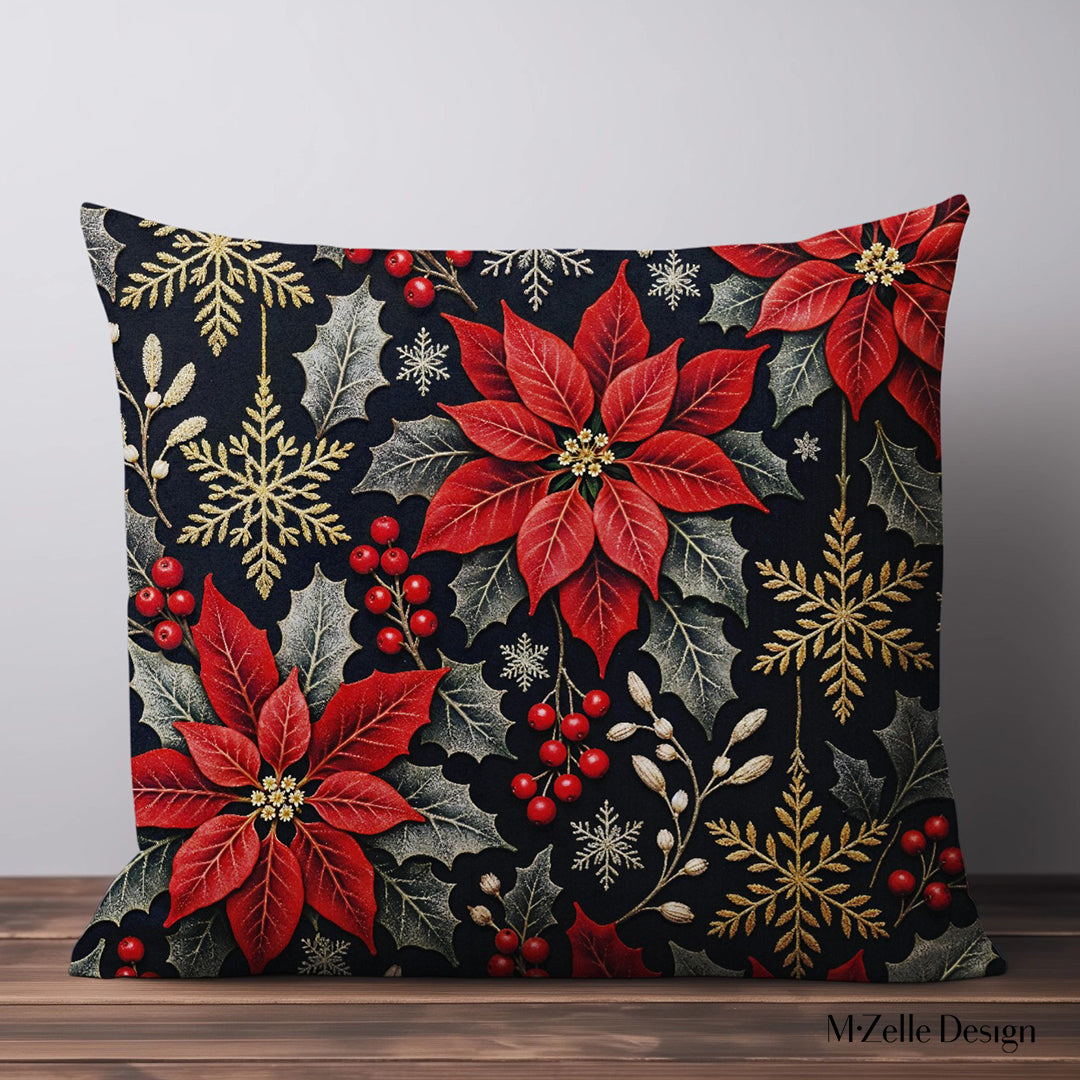 coussin Mzelle Design, décor Noël, motif poinsettia et ruban étoile, rouge et bleu nuit