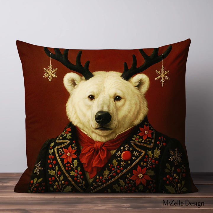 Coussin thème NOËL Mzelle Design, motif Grand Ours Polaire Balthazar  en tenue brodée motifs festifs sur fond rouge bordeaux