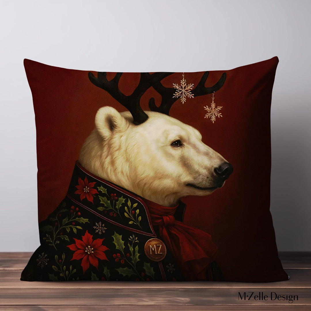 Coussin thème NOËL Mzelle Design, motif Grand Ours Polaire Balthazar  en tenue brodée motifs festifs sur fond rouge bordeaux