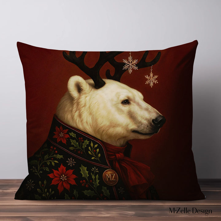 Coussin thème NOËL Mzelle Design, motif Grand Ours Polaire Balthazar  en tenue brodée motifs festifs sur fond rouge bordeaux