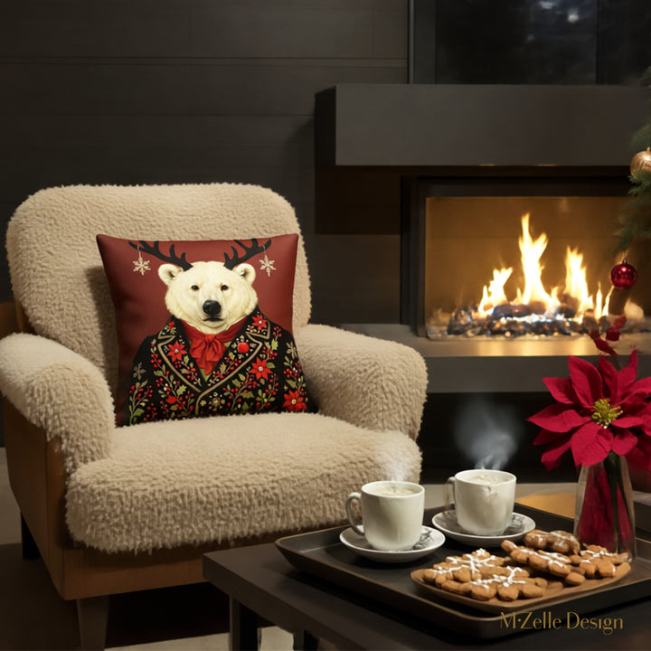 Décoration intérieur thème NOËL Mzelle Design, motif Grand Ours Polaire Balthazar  en tenue brodée motifs festifs sur fond rouge bordeaux