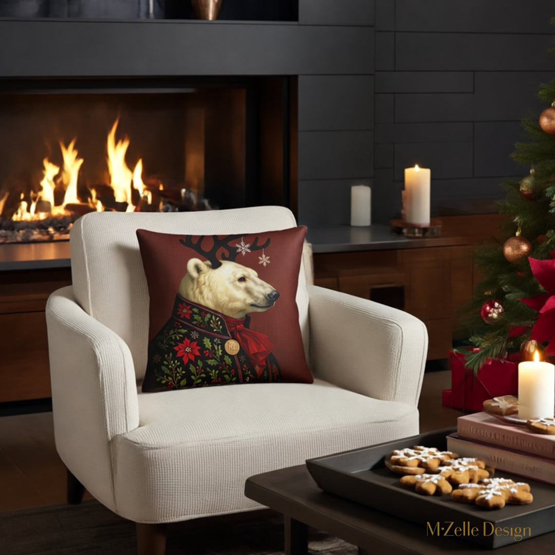 décoration intérieur avec un Coussin thème NOËL Mzelle Design, motif Grand Ours Polaire Balthazar  en tenue brodée motifs festifs sur fond rouge bordeaux