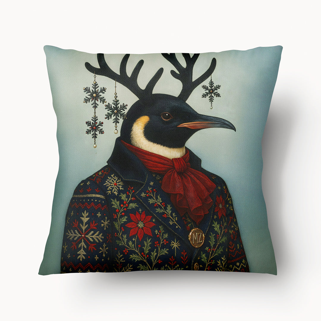 Coussin décoratif de Noël Mzelle Design, Pingouin en habit d’apparat jacquard, imprimé Noël raffiné, charme nordique et esprit festif 