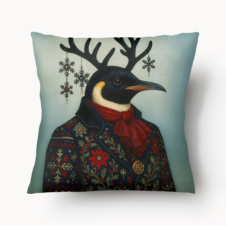 Coussin décoratif de Noël Mzelle Design, Pingouin en habit d’apparat jacquard, imprimé Noël raffiné, charme nordique et esprit festif 