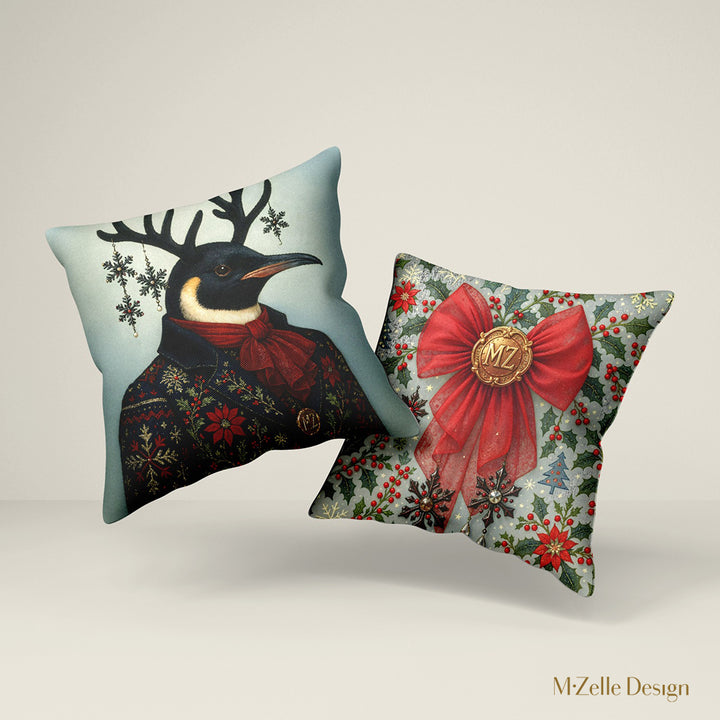 Coussin décoratif de Noël Mzelle Design, Pingouin en habit d’apparat jacquard, imprimé Noël raffiné, charme nordique et esprit festif 