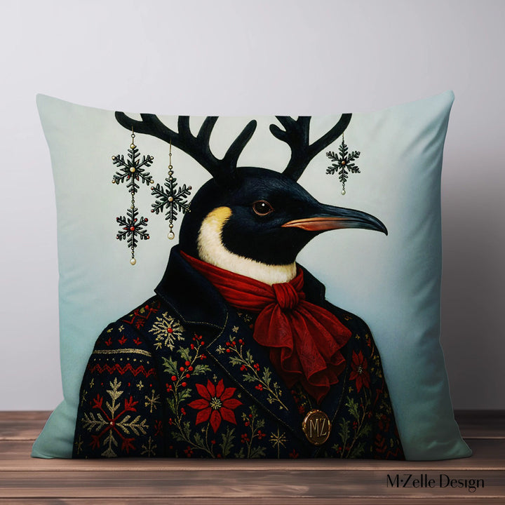 Coussin décoratif de Noël Mzelle Design, Pingouin en habit d’apparat jacquard, imprimé Noël raffiné, charme nordique et esprit festif 