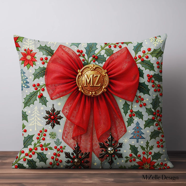 Coussin décoratif de Noël Mzelle Design, imprimé Noël raffiné grand noeud rouge avec une broche cuivrée, charme nordique et esprit festif 