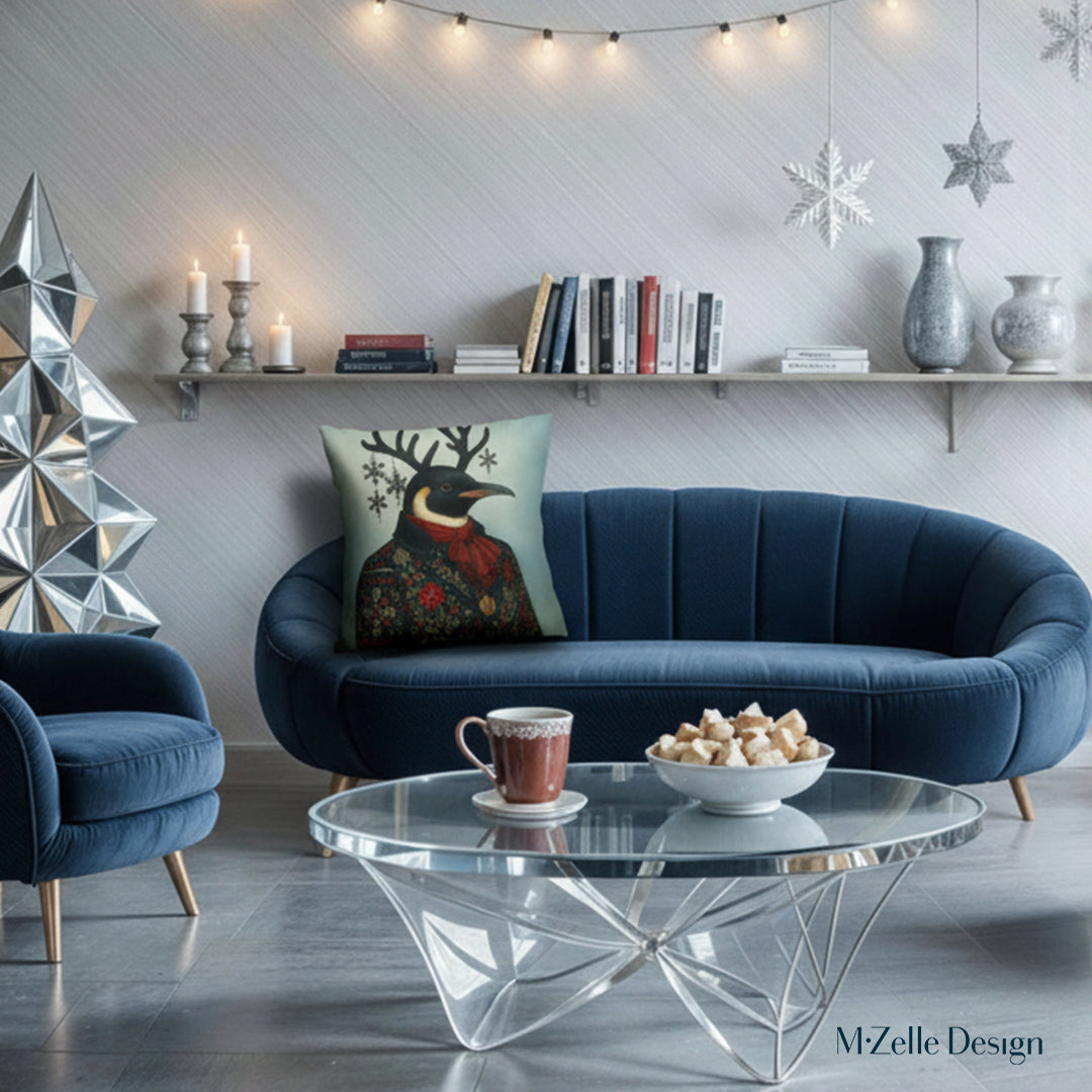 Décor de salon bleu et argenté, avec un Coussin décoratif de Noël Mzelle Design, Pingouin en habit d’apparat jacquard, imprimé Noël raffiné, charme nordique et esprit festif 