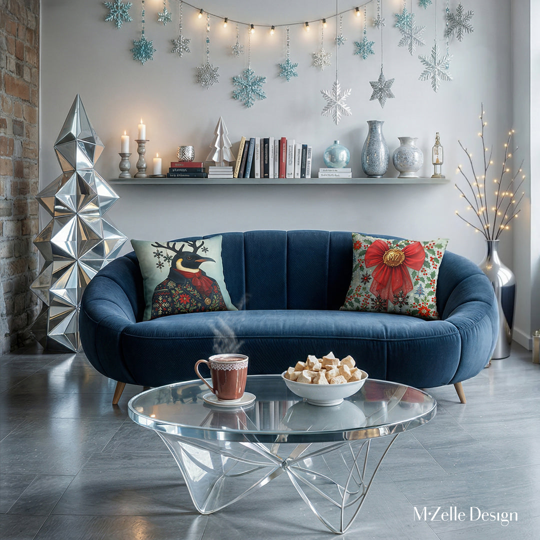 Décor de salon bleu et argenté, avec un Coussin décoratif de Noël Mzelle Design, Pingouin en habit d’apparat jacquard, imprimé Noël raffiné, charme nordique et esprit festif 