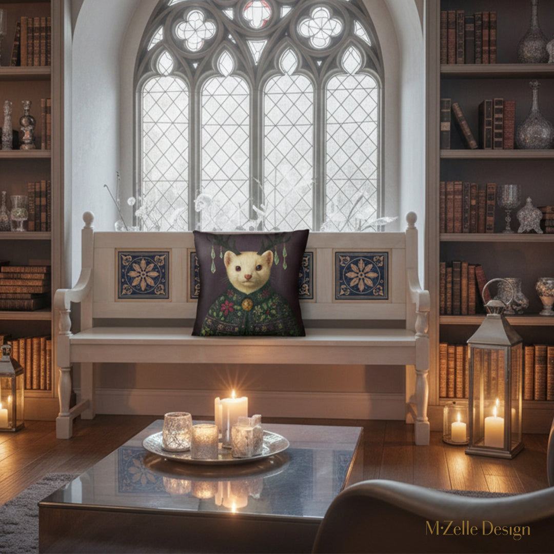 Décor de Noël  avec un  Coussins de la marque MZelle Design, motif Hermine ornée de cristaux décoratifs avec une cape brodée