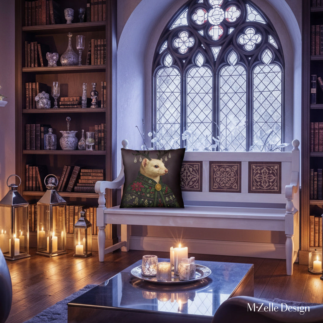 Décor de Noël  avec un  Coussins de la marque MZelle Design, motif Hermine ornée de cristaux décoratifs avec une cape brodée