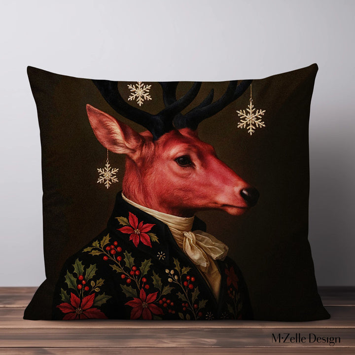 Coussin de Noël MZelle Design, Cerf rose onirique en costume de fête, housse de coussin Noël surprenante, touche artistique et poétique