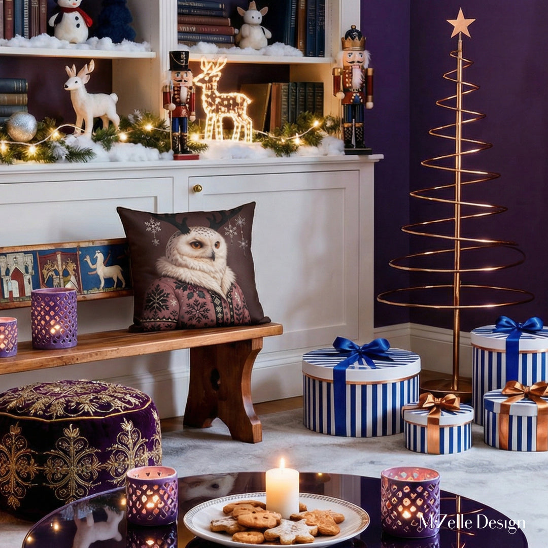 Décor de NOËL, coussin imprimé mzelle design, motif fantaisie Grand Harfang des neiges portant un manteau brodé et des cornes de cerf fond bordeaux