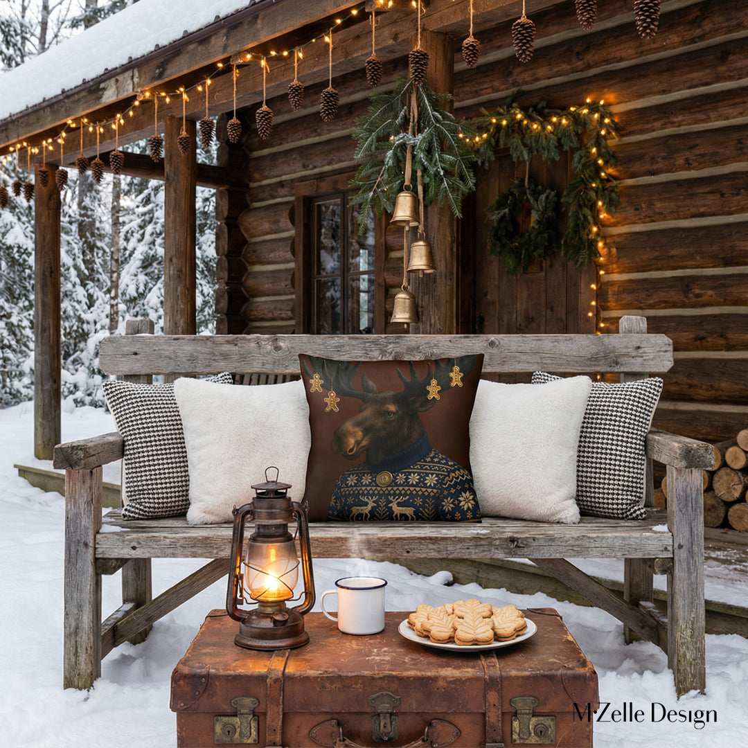 Décoration d'exterieur de Noël avec un banc rustique orné d'un beau Coussin décoratif  Mzelle Design, folk canadien, esprit de Noël nordique et refuge forestier.