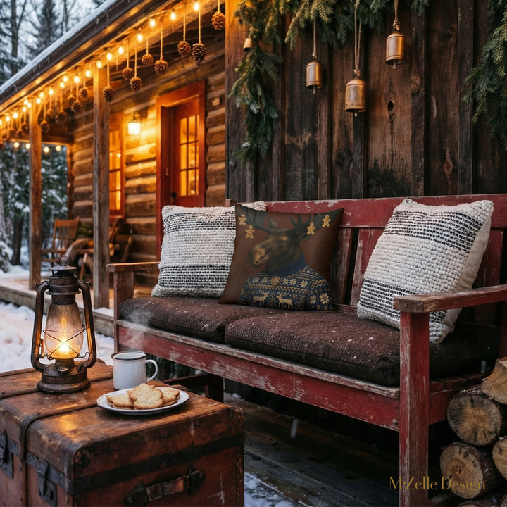 Décoration d'exterieur de Noël avec un banc rustique orné d'un beau Coussin décoratif  Mzelle Design, folk canadien, esprit de Noël nordique et refuge forestier.