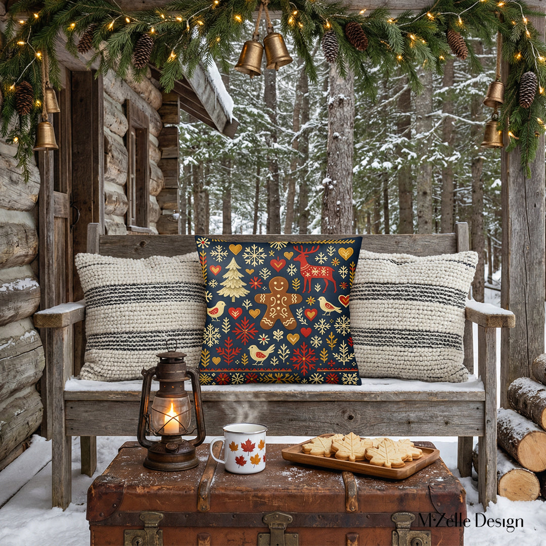 Décoration d'exterieur de Noël avec un banc rustique orné d'un beau Coussin décoratif  Mzelle Design, folk canadien, esprit de Noël nordique et refuge forestier.