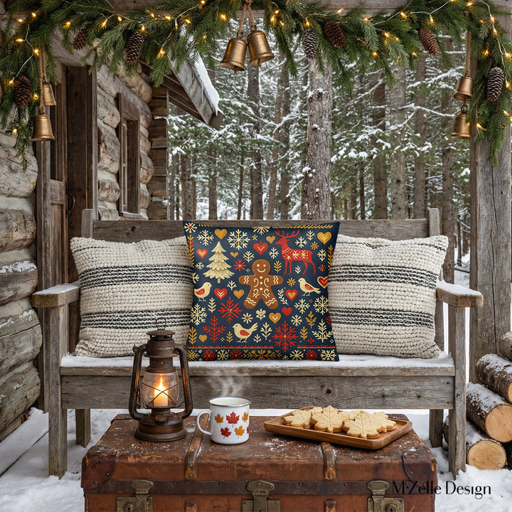 Décoration d'exterieur de Noël avec un banc rustique orné d'un beau Coussin décoratif  Mzelle Design, folk canadien, esprit de Noël nordique et refuge forestier.