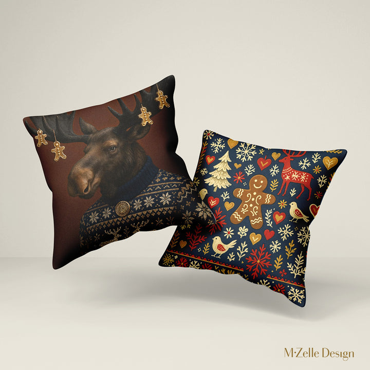 Coussin décoratif de Noël Mzelle Design, Caribou en pull de Noël jacquard, charme nordique et esprit festif , pains d'épices 