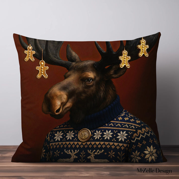 Coussin décoratif de Noël Mzelle Design, Caribou en pull de Noël jacquard, charme nordique et esprit festif , pains d'épices 