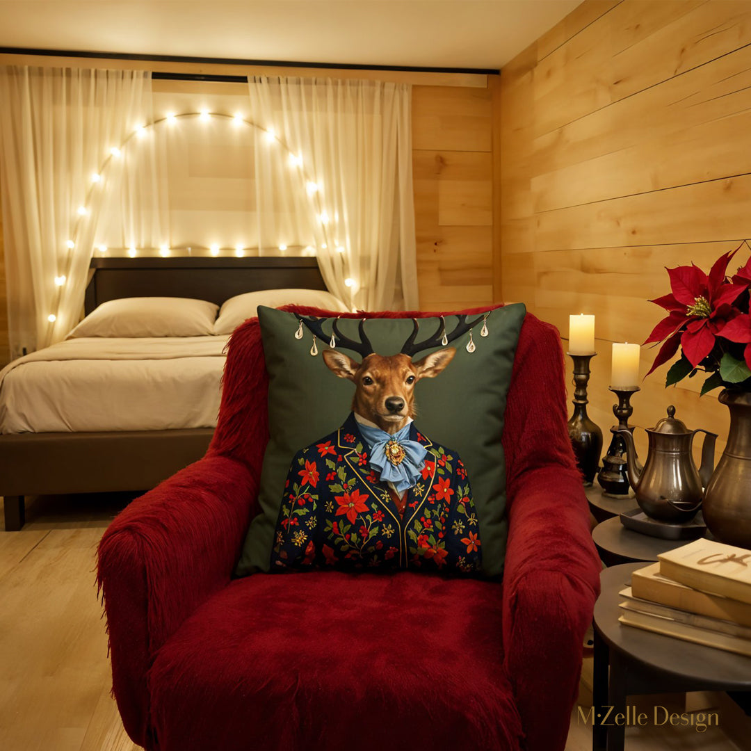 Décoration de chambre d'hotel avec un fauteuil rouge orné d'un Coussin NOËL  Grand Renne Boréal Mzelle design