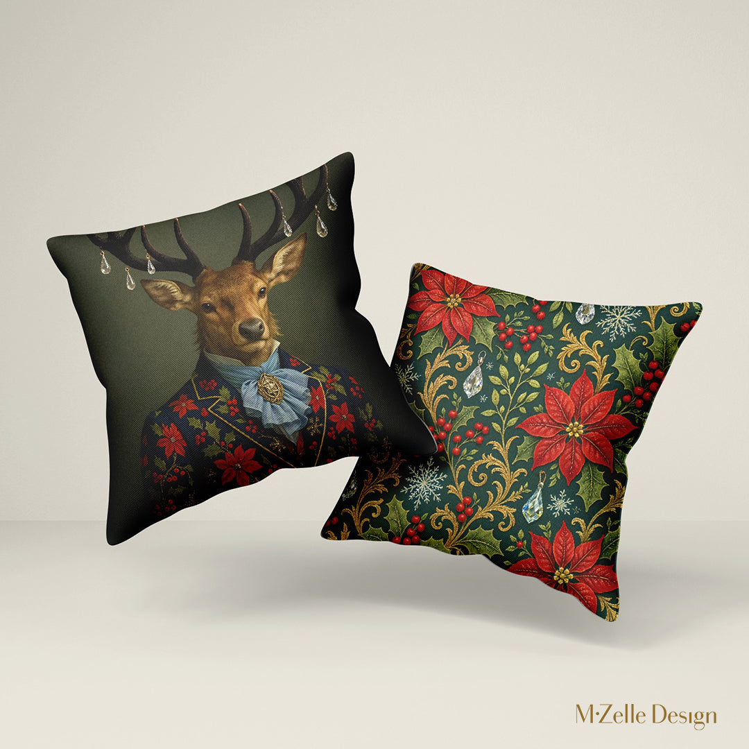 Coussin décoratif de Noël Mzelle Design, Renne boréal au port altier,  décoré de jacquard festif, élégance précieuse et ambiance hivernale enchantée.