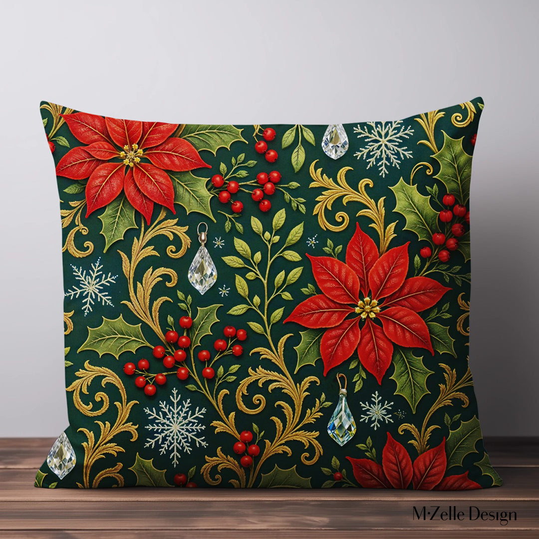 Coussin décoratif de Noël Mzelle Design, décoré de roses de noël, poinsettias et branches de houx, élégance et ambiance  enchantée sur fond vert.