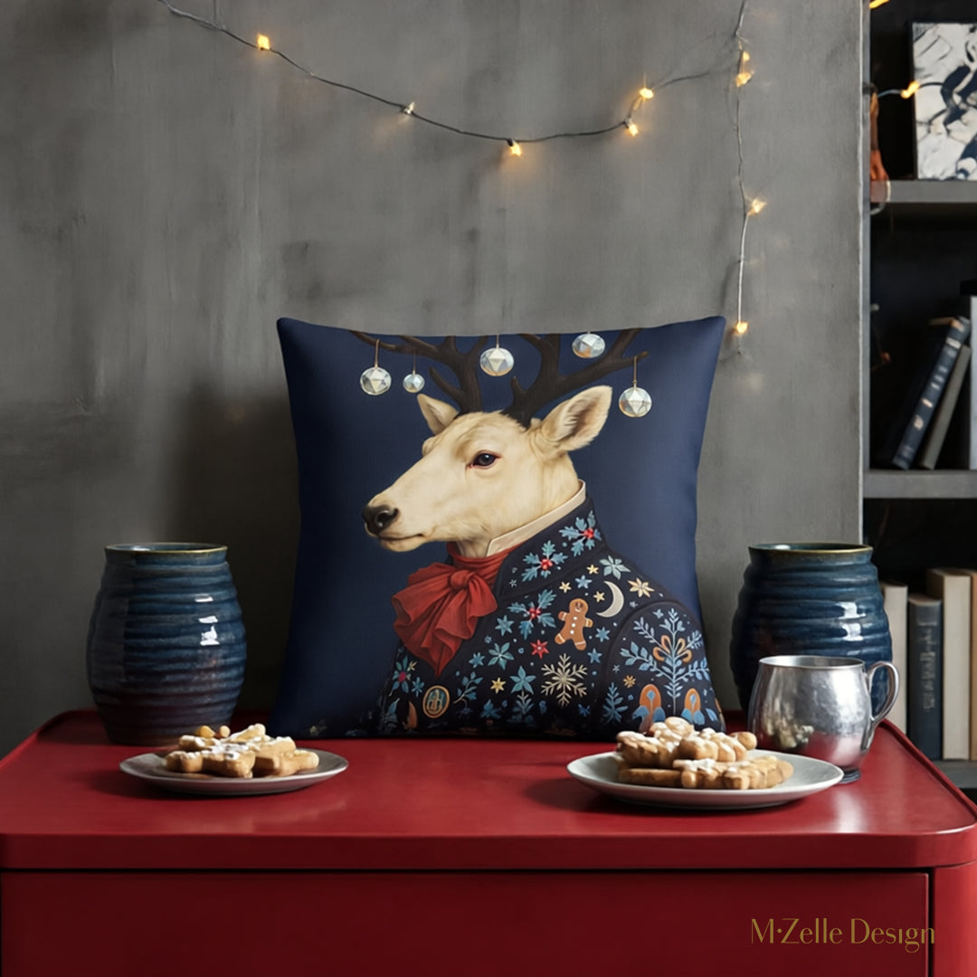 Décoration d'intérieur avec une Housse de Coussin NOËL Mzelle design  Grand Renne sur fond bleu nuit