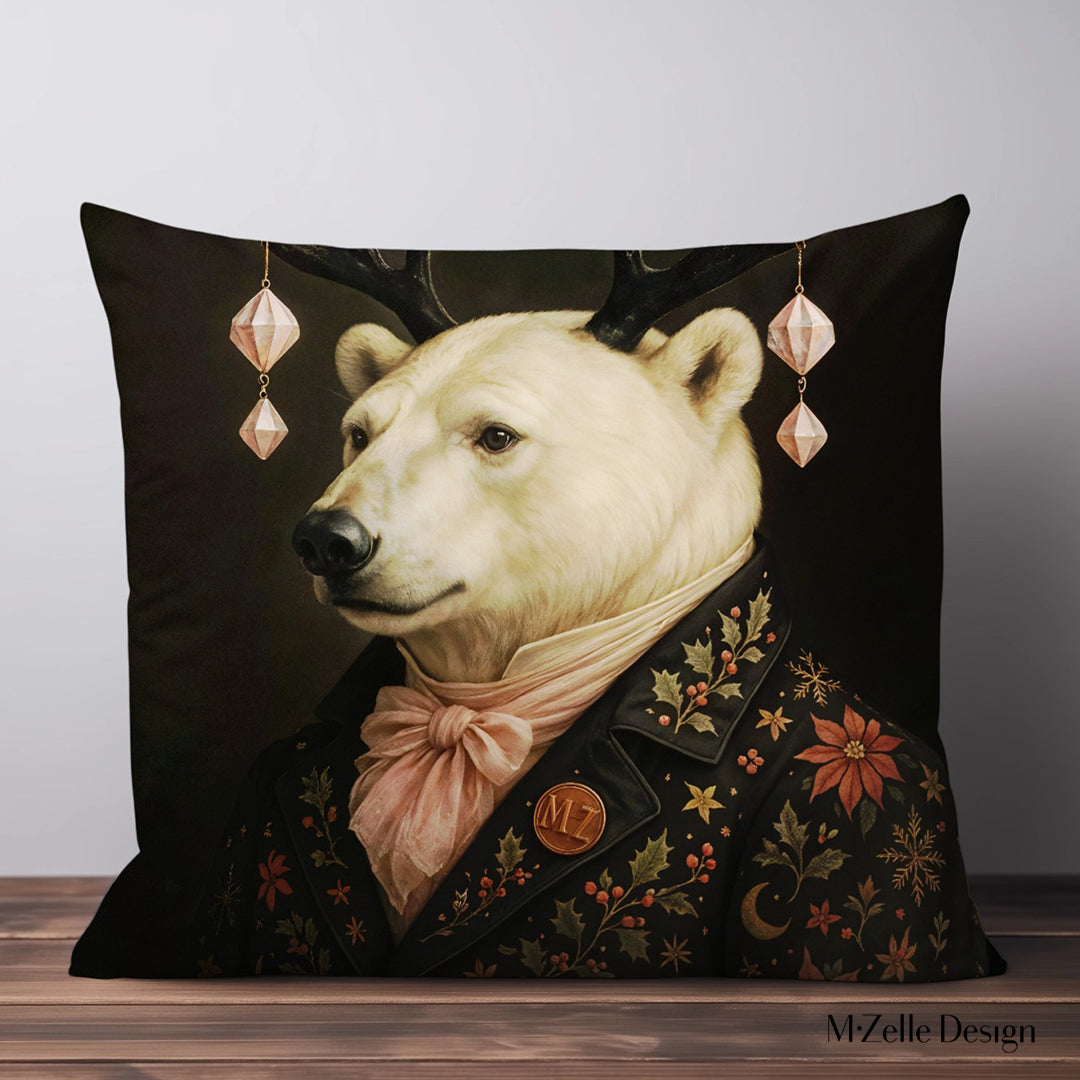 housse de Coussin décoration de Noël rose et vert, marque Mzelle Design, Ours en costume baroque, originale, esprit chic et féerique 