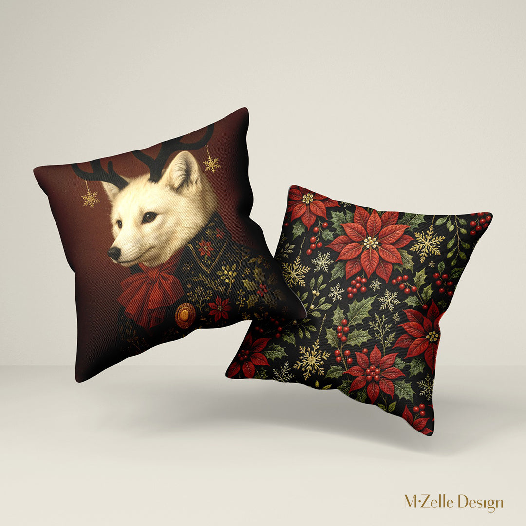 coussins Noël Mzelle design,  renard polaire aux bois ornés de flocons dorés , raffinement hivernal et touche féerique sur fond rouge foncé