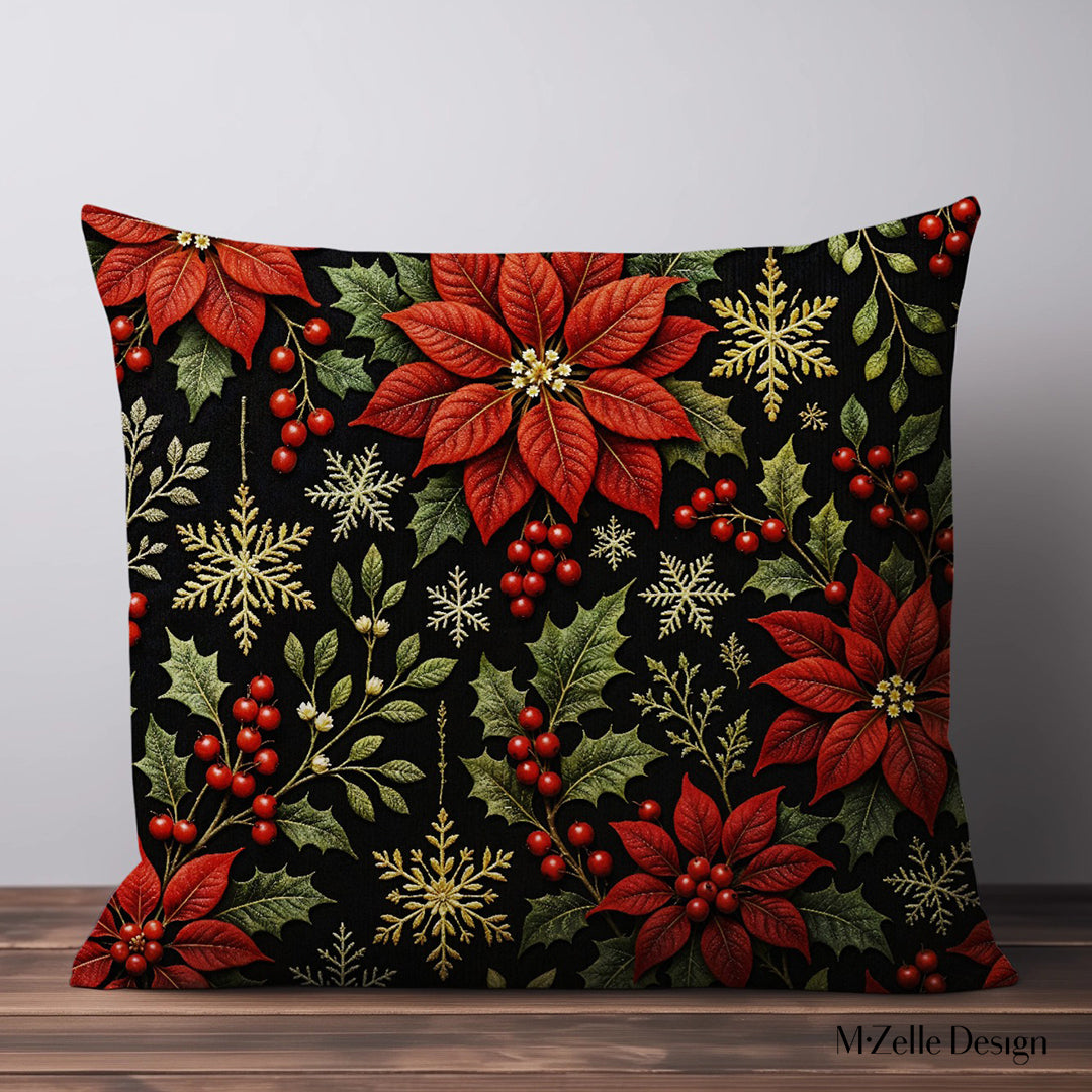 coussin de Noël Mzelle design, motif poinsettias raffinement hivernal et touche féerique sur fond noir