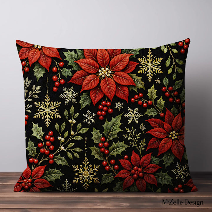 coussin de Noël Mzelle design, motif poinsettias raffinement hivernal et touche féerique sur fond noir