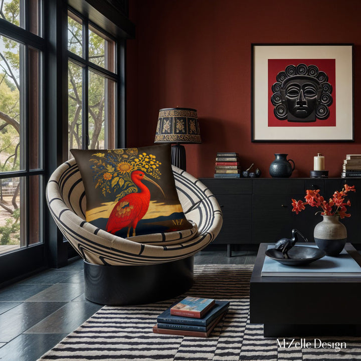 décoration d'intérieur moderne avec un Coussin artistique décoration Mzelle Design, superbe Ibis rouge d'Amérique du sud, posant avec élégance sur un fond marron chocolat. 