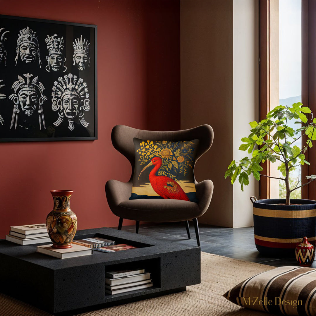 décoration d'intérieur moderne avec un Coussin artistique décoration Mzelle Design, superbe Ibis rouge d'Amérique du sud, posant avec élégance sur un fond marron chocolat. 