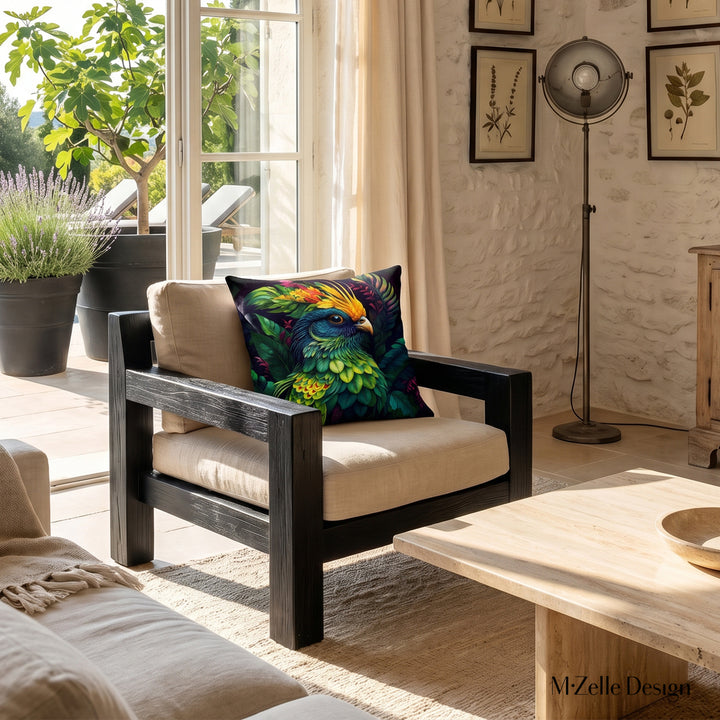 Photographie professionnelle décoration d'une bastide provençale  ensoleillée, montrant un large coussin mzelle design  sur un fauteuil moderne en bois noir, table en pierre polie naturelle. Porte-fenêtre en arche ouvrant sur un jardin. 