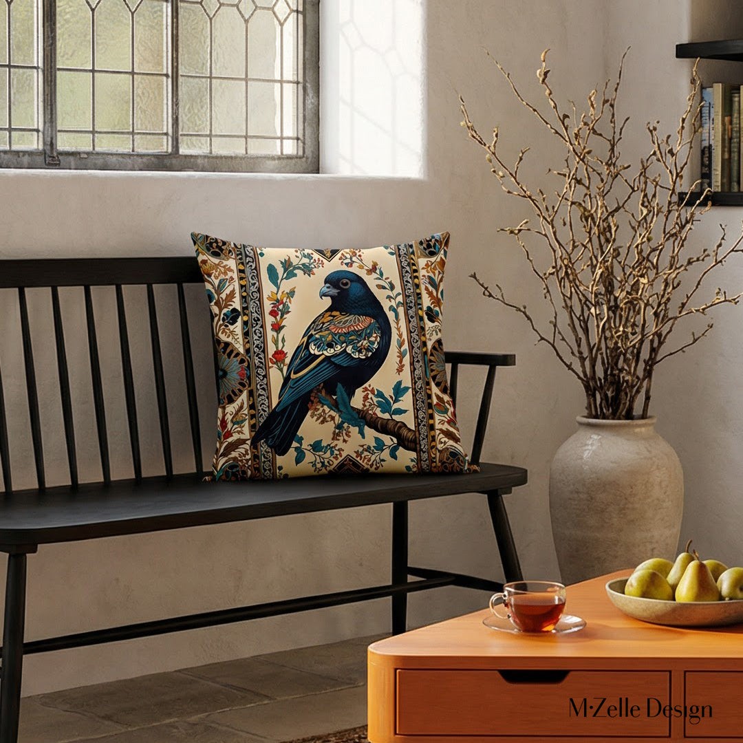 Photographie professionnelle d'un chalet inspiré de l'esthétique Castlecore mélangée à un design contemporain, vue de face d'un banc en bois noir orné d'un coussin motif oiseau, table basse triangulaire et lampe. 