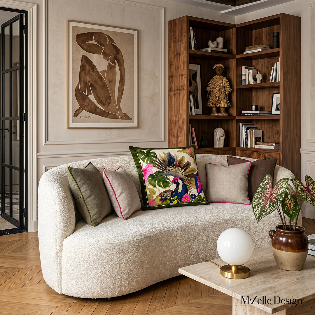 Photographie d’intérieur haut de gamme, salon haussmannien avec un canapé design demi-lune en revêtement bouclette ivoire texturée, orné d'un large coussin mzelle design motif oiseau, une accumulation raffinée de coussins unis.  Moulures anciennes et reproduction de Matisse au mur Poutres de chêne et parquet point de Hongrie.