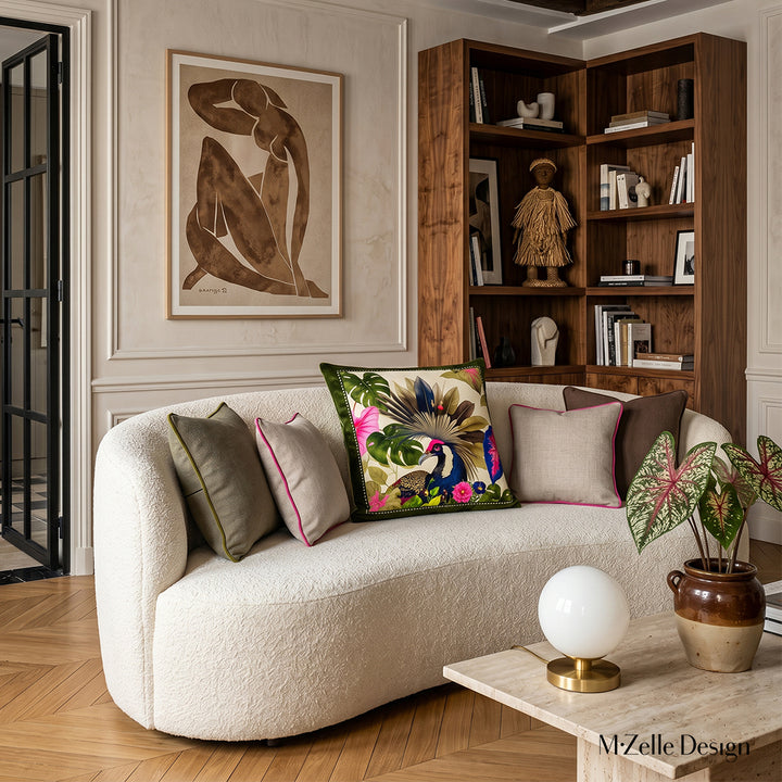 Photographie d’intérieur haut de gamme, salon haussmannien avec un canapé design demi-lune en revêtement bouclette ivoire texturée, orné d'un large coussin mzelle design motif oiseau, une accumulation raffinée de coussins unis.  Moulures anciennes et reproduction de Matisse au mur Poutres de chêne et parquet point de Hongrie.