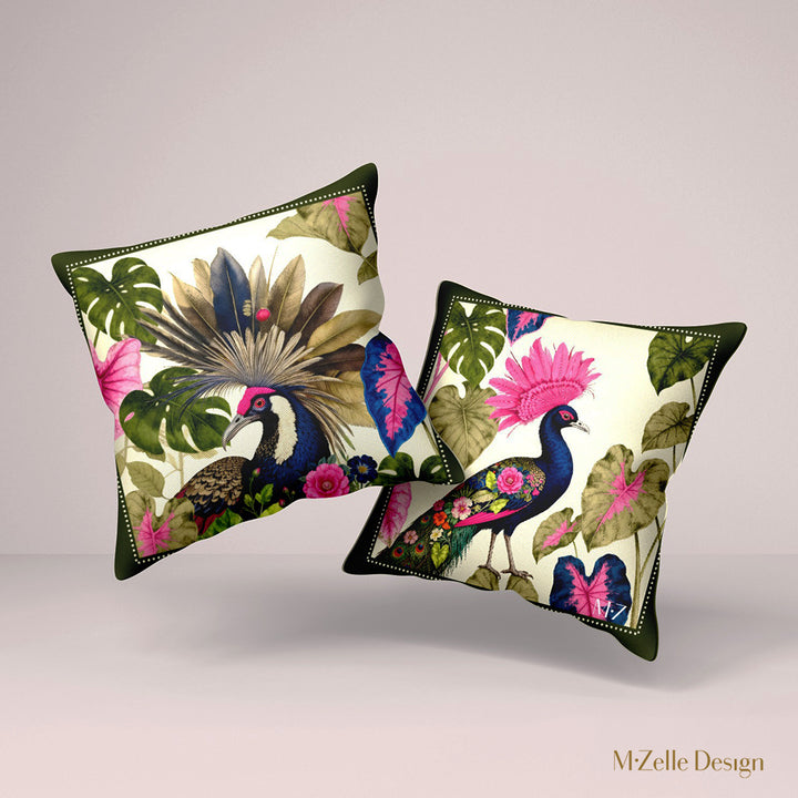 Housse décorative aspect lin mzelle design, motif oiseaux au panache spectaculaire, imprimé différent recto et verso, couleurs acidulées, plantes exotiques.