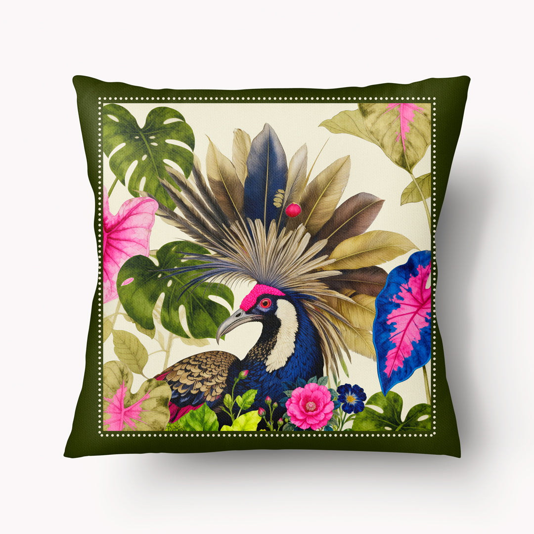 Housse décorative aspect lin mzelle design, motif oiseaux au panache spectaculaire, imprimé différent recto et verso, couleurs acidulées, plantes exotiques.