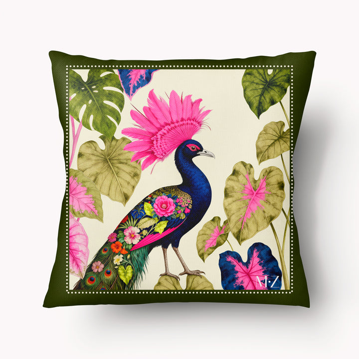 Housse décorative aspect lin mzelle design, motif oiseaux au panache spectaculaire, imprimé différent recto et verso, couleurs acidulées, plantes exotiques.