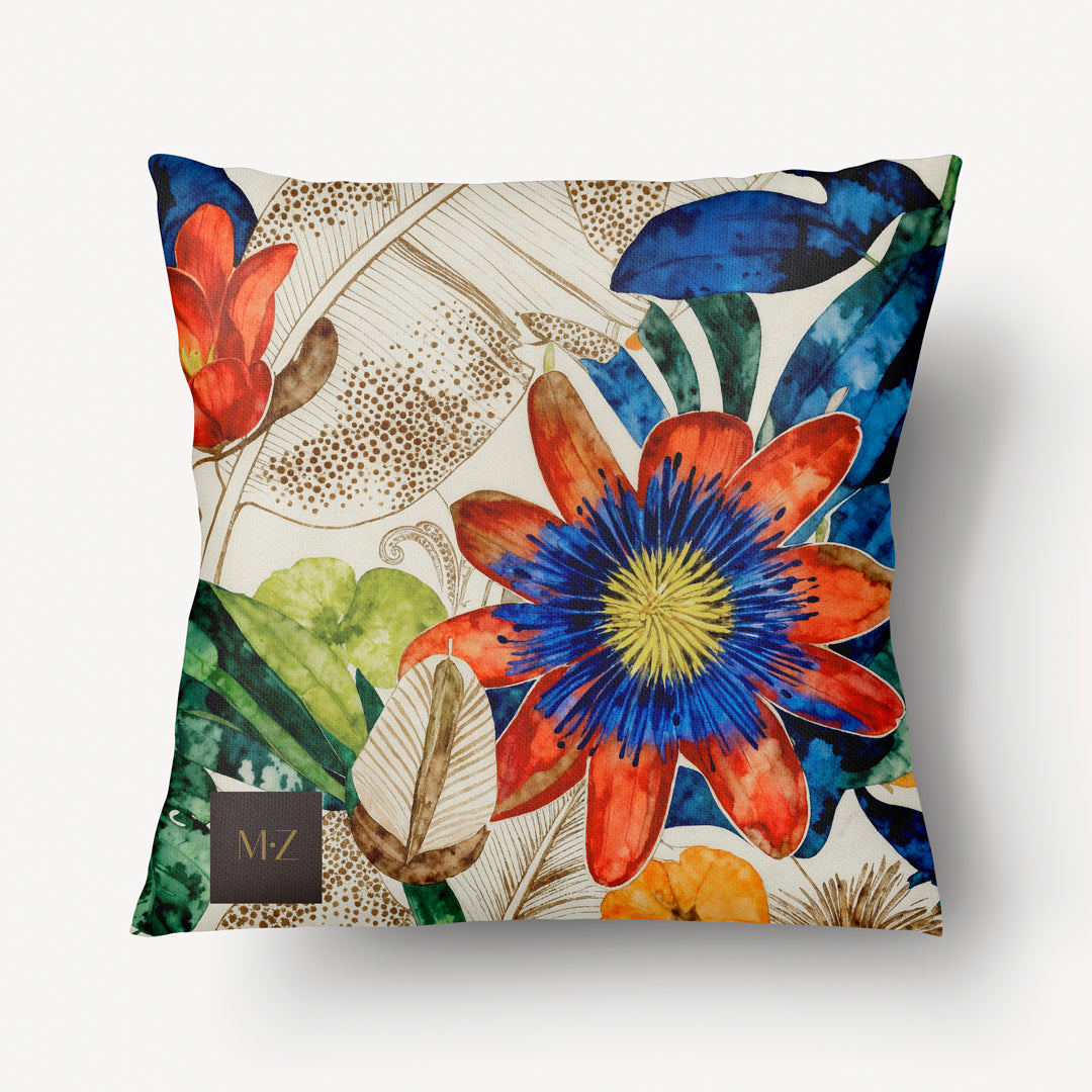 Housse décorative aspect lin, mzelle design pour Coussin haut de gamme, motif fleurs exotiques au design naturaliste inspiré des Antilles. Imprimés modernes, décoration tropicale élégante.