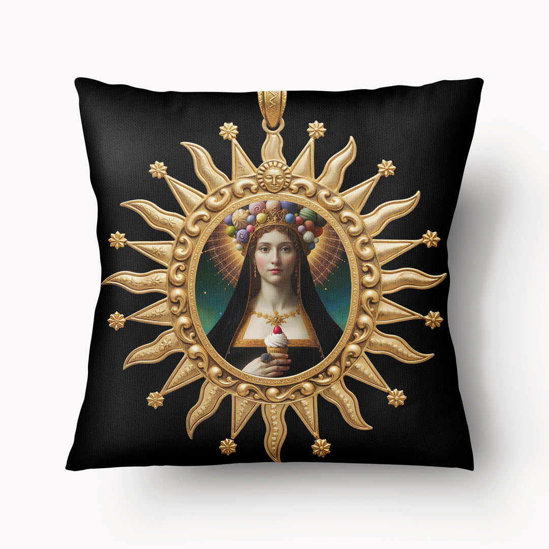 Coussin POP MARY MZelle Design, motif Médaillon doré Madone avec des Cupcakes sur fond noir