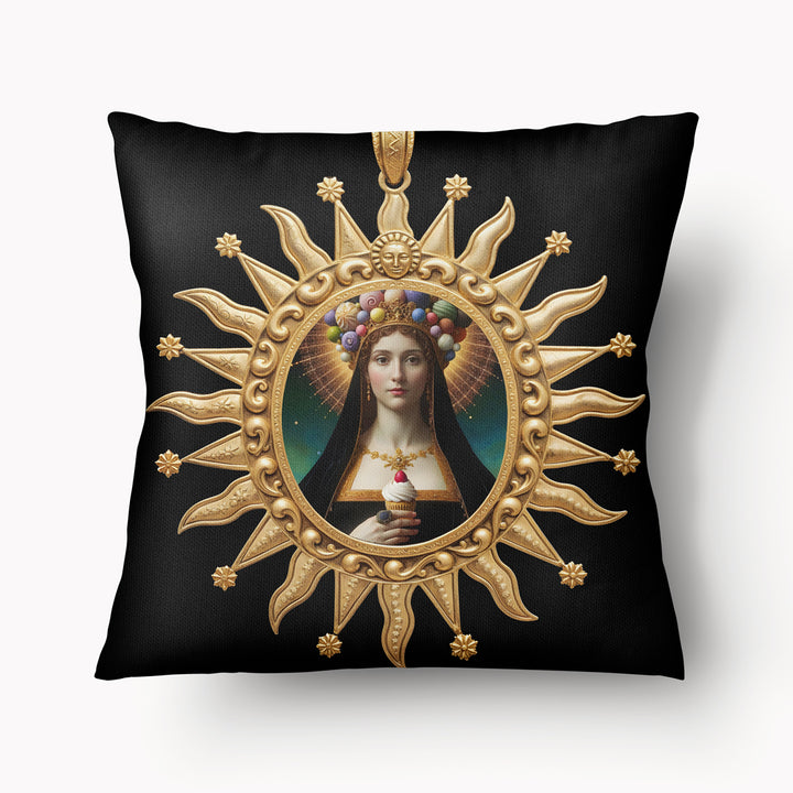 Coussin POP MARY MZelle Design, motif Médaillon doré Madone avec des Cupcakes sur fond noir