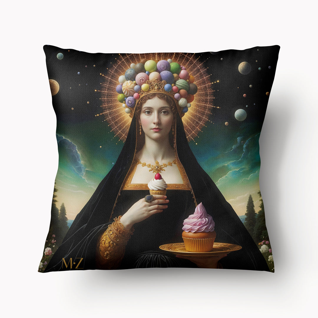 Coussin POP MARY MZelle Design, motif Médaillon doré Madone avec des Cupcakes sur fond noir