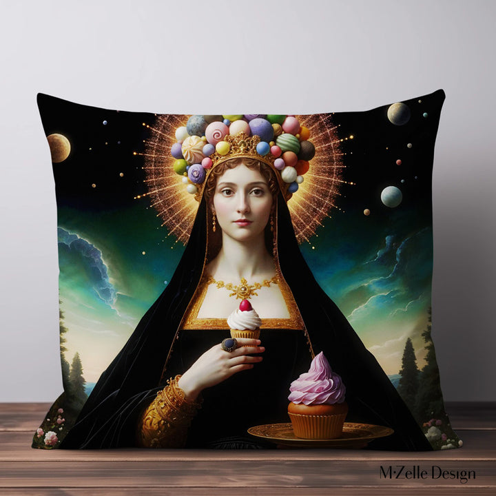 Coussin POP MARY MZelle Design, avec une Madone qui tient des Cupcakes sur fond noir