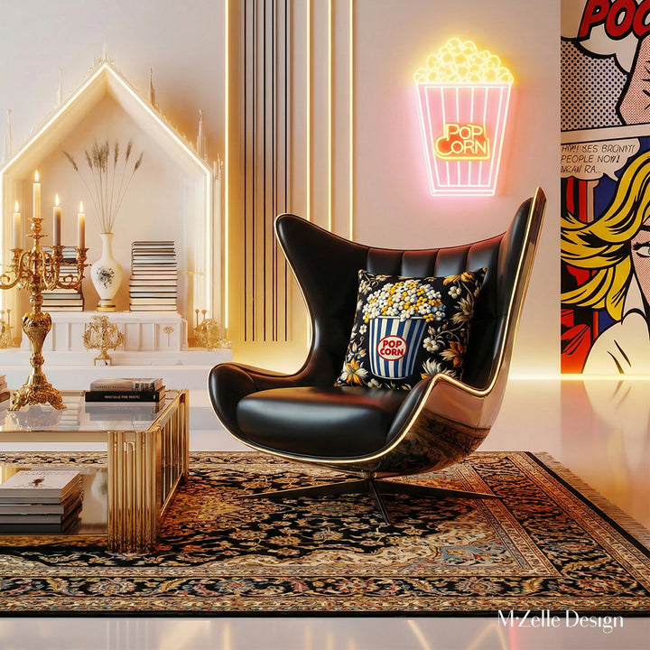 Photographie professionnelle lifestyle,  d'un salon lumineux, vue de face d'un fauteuil noir au design futuriste orné d'un large coussin motif vierge marie , autres éléments de décoration comme un tapis, un chandelier, des livres, au mur un pot de pop corn en néon, ex voto et tapis graphique.