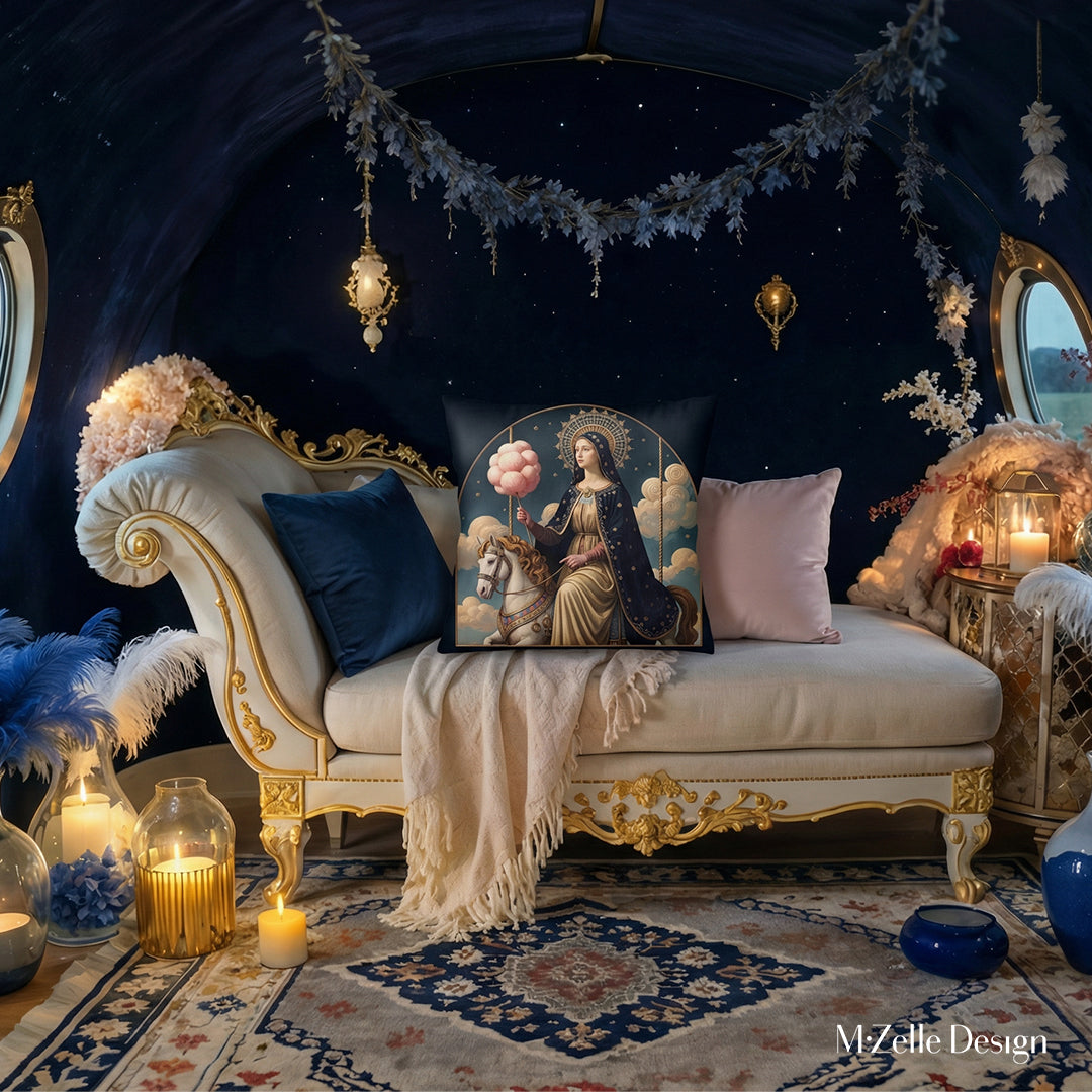 Décor d'intérieur style bohème gipsy chic, Coussin POP MARY MZelle Design motif  artistique de la Vierge Marie tenant une barbapapa sur Carrousel Céleste, fond bleu nuit.